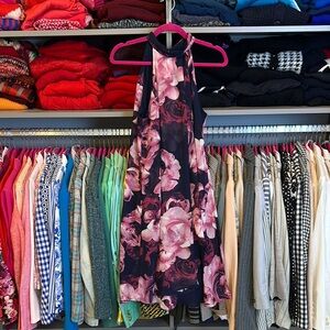 SLNY black/pink floral print sleeveless back hook/eye closure dress size 6